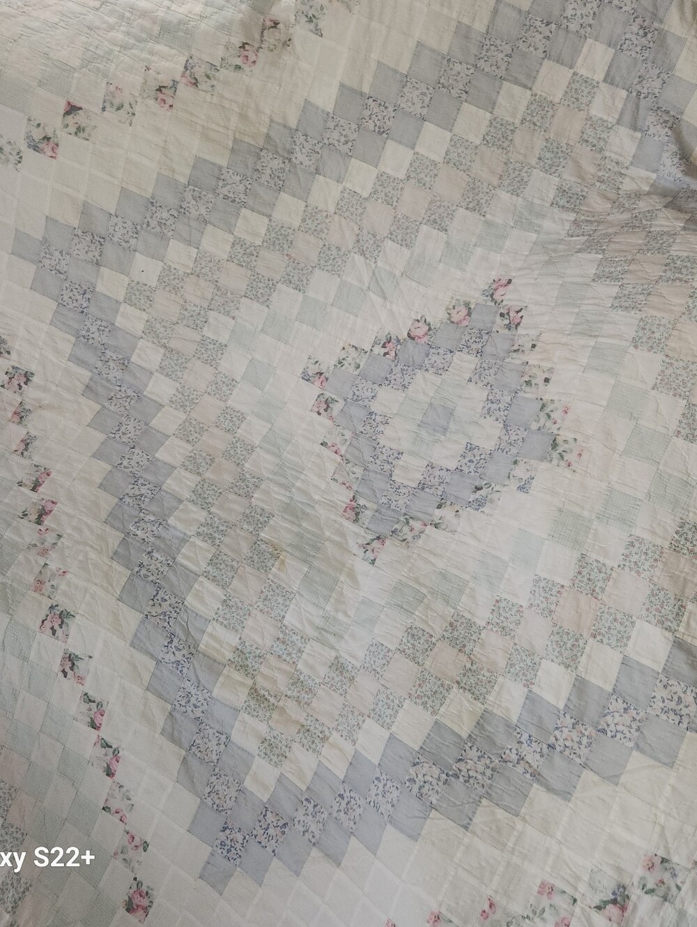 Vintage Patchwork Cotton Quilt in Soft Pastel Blue pink & white